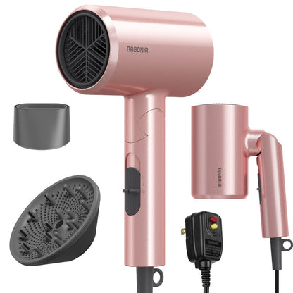 1875W Ionic Travel Hair Dryer Foldable with Diffuser & Concentrator Nozzle — Brushless Motor, 3 Heat Settings, 2 Speeds, Fast Drying Compact Blow Dryer for All Hair Types, Pink or Gray