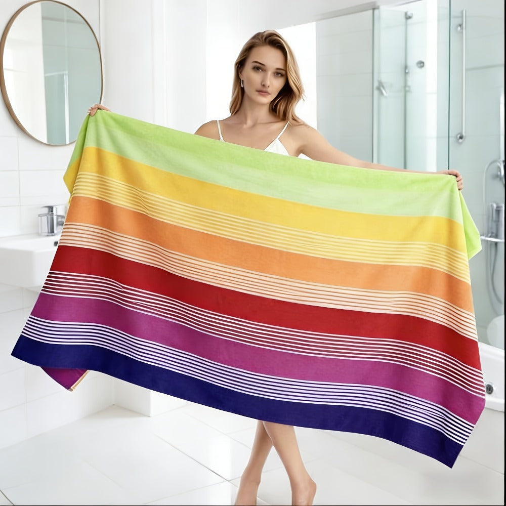 Oversized Rainbow-Striped Beach Towel, 67 x 35.4 Inches, Lightweight Design for Pool, Camping and Travel