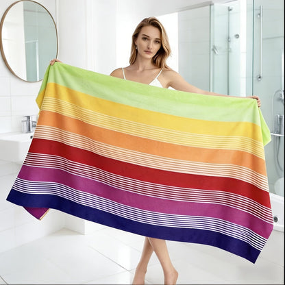Oversized Rainbow-Striped Beach Towel, 67 x 35.4 Inches, Lightweight Design for Pool, Camping and Travel