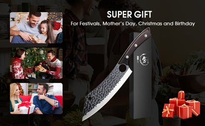Wide 8-Inch Cleaver-Style Kitchen Knife with Finger Hole, Hammered-Look Blade and Wood-Tone Handle