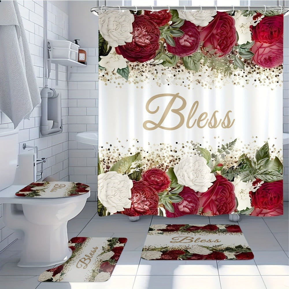 Four-Piece Rose and Bless Shower Curtain Set with Coordinated Mats, Lid Cover and Twelve White Hooks