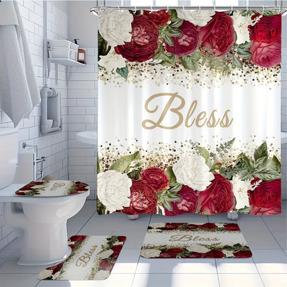Four-Piece Rose and Bless Shower Curtain Set with Coordinated Mats, Lid Cover and Twelve White Hooks