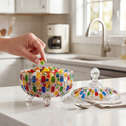 Crystal Glass Candy Dish with Lid & Tongs – Hand-Painted Colorful Candy Box, Jewelry Storage Jar, Christmas Gift for Family & Friends | Elegant Candy Server