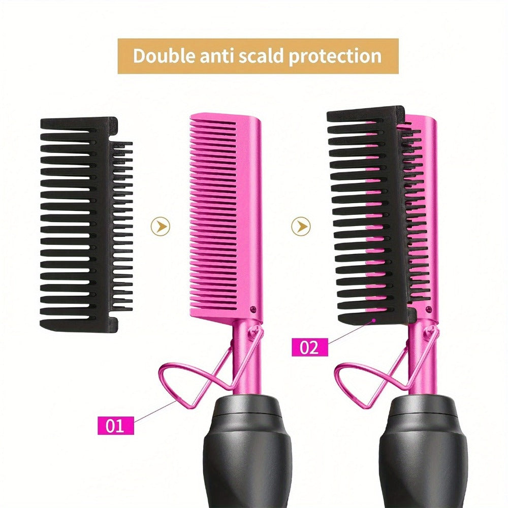 Electric Hot Comb Hair Straightener – 3-in-1 Ceramic Pressing Comb for Natural Hair, Beard & Wigs, Curling & Straightening Iron with Protective Holder, Bonus 2 Clips & 1 Comb, Gift Ready