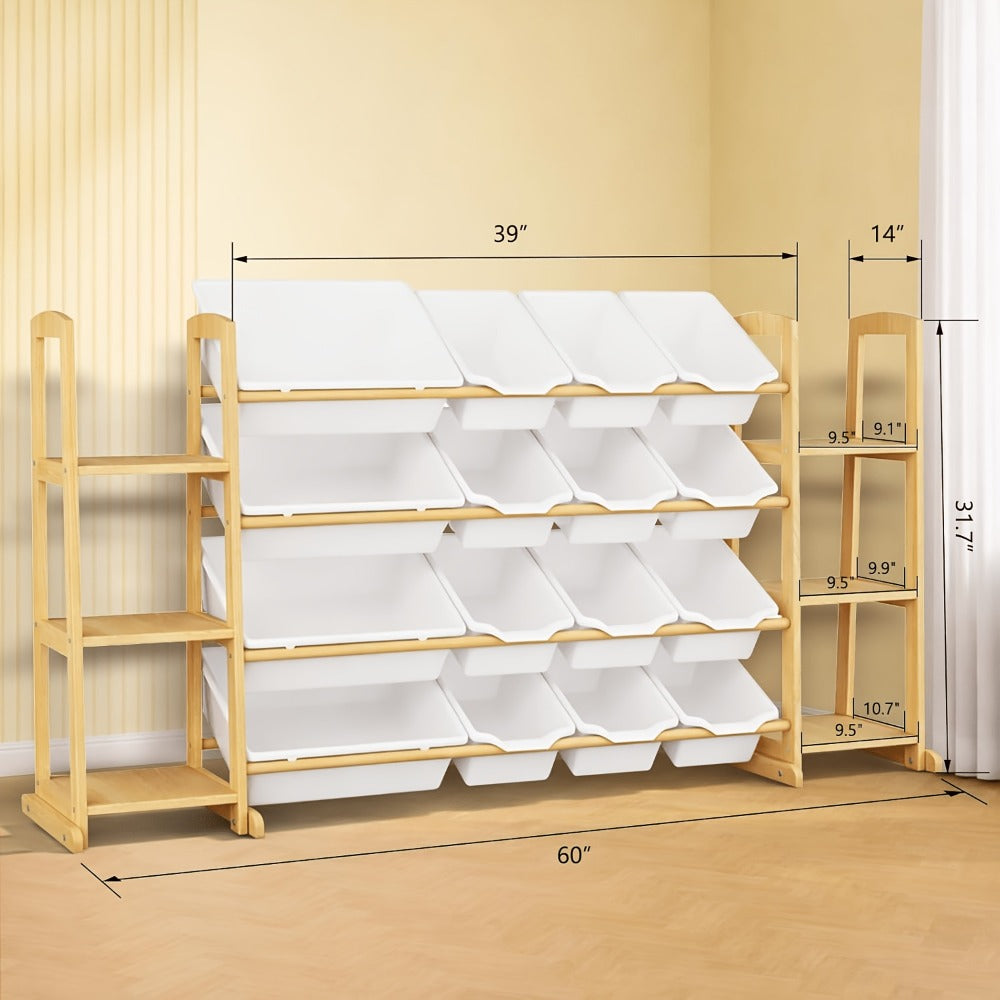 Kids Storage Organizer with 12 Bins and Bookshelf - Wooden Toy Chest Cubby Unit for Playroom Bedroom, Large Capacity Shelf for Books Stuffed Animals Toys, Easy Assembly Natural Wood Furniture 52x31.7 Inch