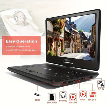Portable DVD Player 14.1 Inch HD Screen, AV IN/OUT Sync TV & Projector, 270° Rotating Screen, Region Free, USB SD Card, Remote Control, 6-Hour Battery, Dual Speakers for Car Home Travel