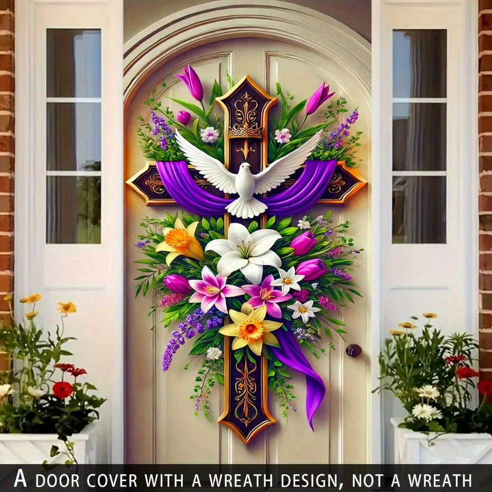 Easter Door Curtain Decoration with Dove, Floral and Cross Pattern, 35.4 x 70.8 Inches for Home or Party Display