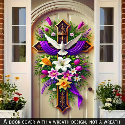 Easter Door Curtain Decoration with Dove, Floral and Cross Pattern, 35.4 x 70.8 Inches for Home or Party Display