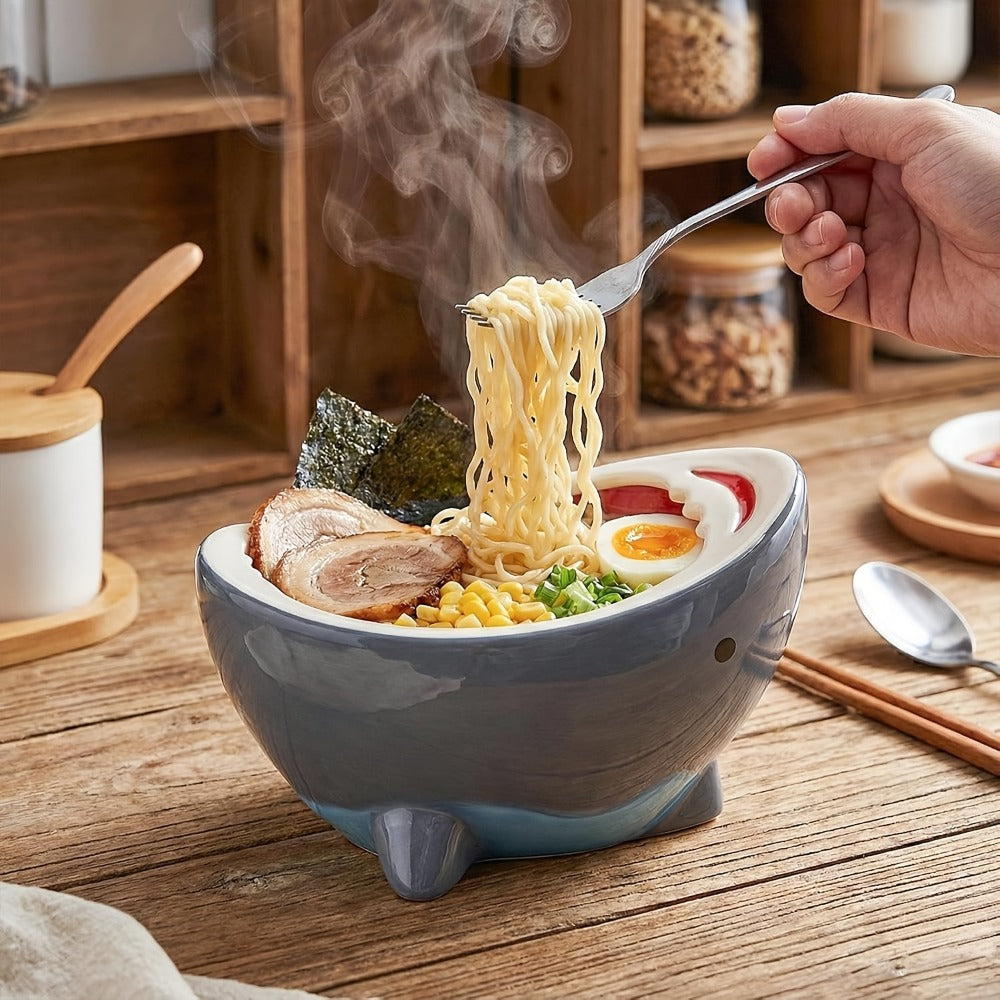 40 oz Handmade Ceramic Shark Ramen Bowl in Gray for Soup, Snacks, Fruit and Entryway Storage