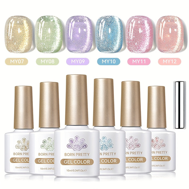 Gel Nail Polish BORN PRETTY 6-Piece Flowing Cat-Eye Set with Six 10ml Magnetic Bottles for Nail Art