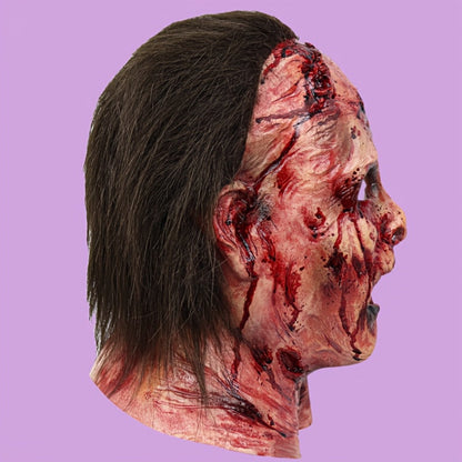 Bloody Decayed Face Full-Head Halloween Mask with Dark Hair, Open Eyes and Mouth for Adult Horror Costumes