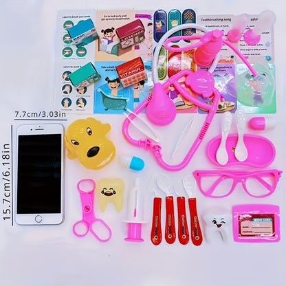 Pink Doctor Pretend Play Toy Set 40pcs for Girls, Simulation Nurse Kit with Stethoscope Injection Dental Tools