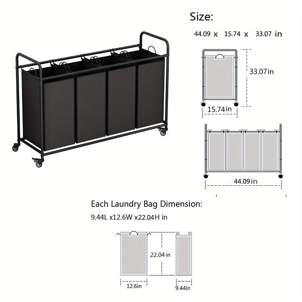 Laundry Hamper Cart with 4-Bag Sorter, Heavy-Duty Rolling Lockable Wheels & Removable Bags — Laundry Basket Organizer for Bedroom, Bathroom & Laundry Room | Beige, Gray, Black, Assorted