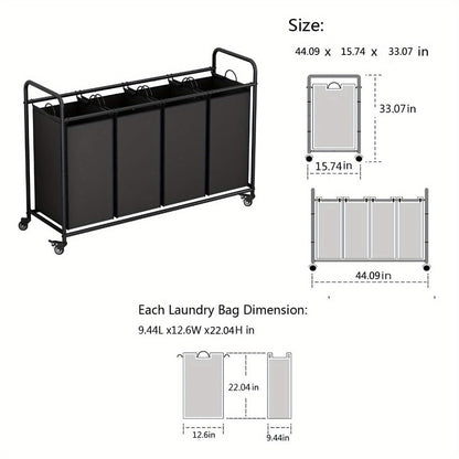 Laundry Hamper Cart with 4-Bag Sorter, Heavy-Duty Rolling Lockable Wheels & Removable Bags — Laundry Basket Organizer for Bedroom, Bathroom & Laundry Room | Beige, Gray, Black, Assorted