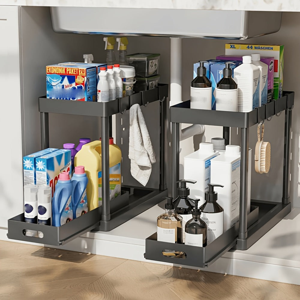 Under Sink Organizer 2pcs Double Tier Sliding Storage Basket with 8 Hooks – Kitchen Bathroom Cabinet Rack Shelf