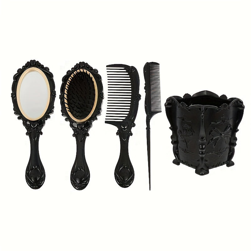 Retro Hair Comb Set with Mirror Scalp Massage Hairbrush Pocket Mirror Vintage Vanity Brush Set for Women Girls Travel Daily Grooming Makeup Gift Black