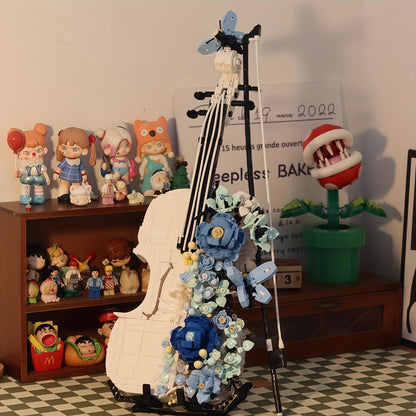 1419-Piece Flower Violin Building Block Model with Brick-Built Stand, Blue Blooms and Panel Detail