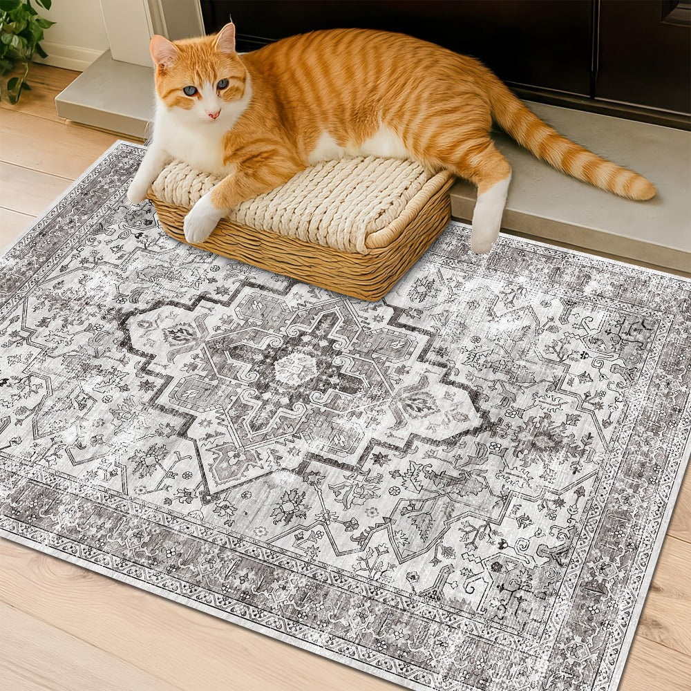 Area Rug Bohemian Retro Design in Beige or Grey with Six Foldable Machine-Washable Room Sizes