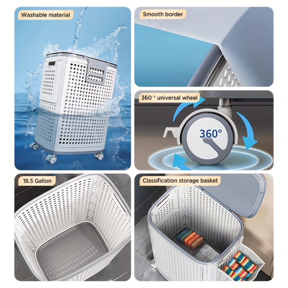 Large Wheeled Laundry Hamper with Foldable Basket, Side Pockets, Lid and Exact Basket-and-Wheels Option