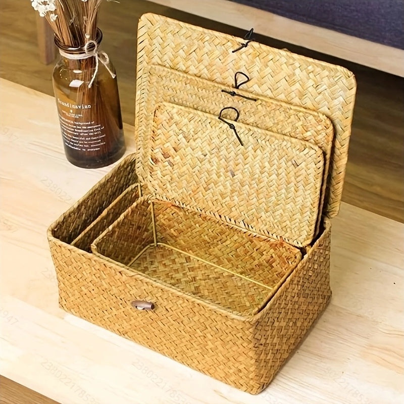Rattan Storage Basket Set of 3 - Handwoven Wicker Organizer Bins with Lattice Lid & Label, Rustic Farmhouse Baskets for Kitchen Bathroom Pantry Shelf
