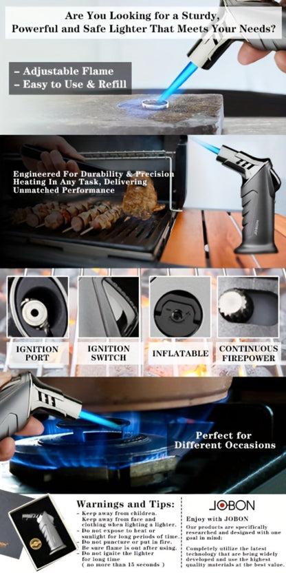 Butane Torch Lighter with Gift Box - Jobon Adjustable Flame Kitchen Torch, BBQ Camping Lighter for Men, Child Safety Lock, Windproof Refillable Jet Flame, Holiday Birthday Gift (Gas Not Included)