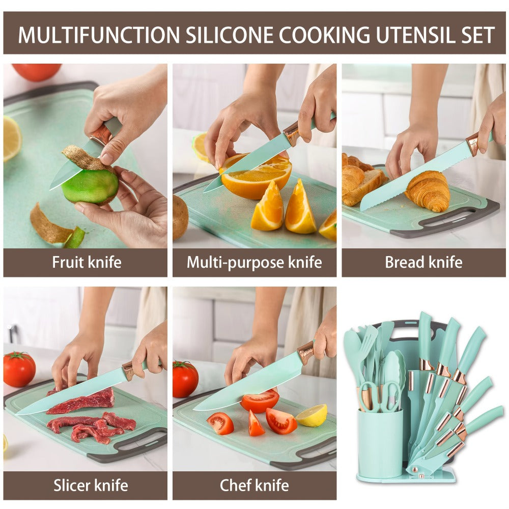 19-Piece Kitchen Knife & Utensil Set with Wooden Handles, Non-Stick Blades, Silicone Cooking Tools, Cutting Board, Scissors & Holder