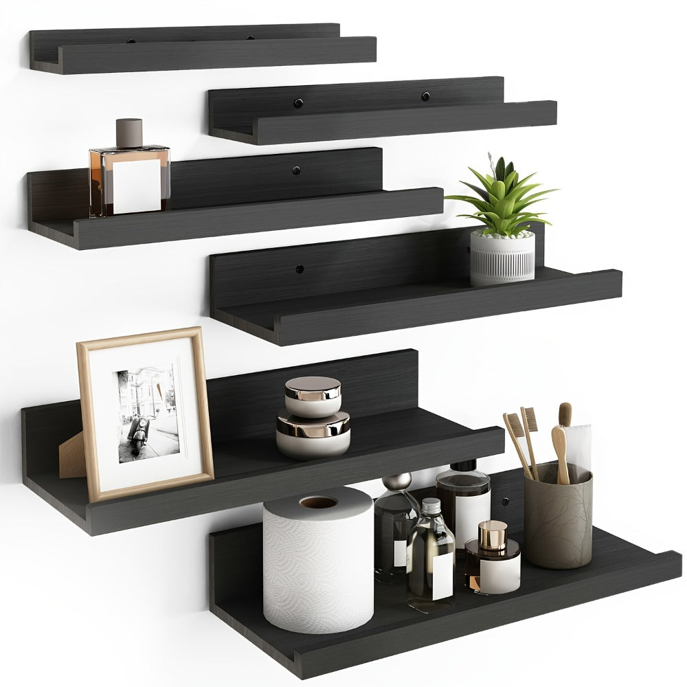 Six-Piece Wall Shelf Set in Graduated Sizes with White, Brown or Black Finish for Layered Displays