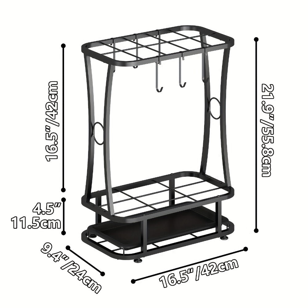 Freestanding Black Metal Umbrella Stand with Four Hanging Slots and Removable Bottom Drip Tray