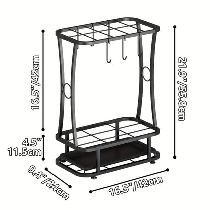 Freestanding Black Metal Umbrella Stand with Four Hanging Slots and Removable Bottom Drip Tray