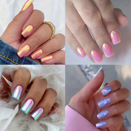 Chrome Nails 96 Pieces 4 Packs Pink Mirror Short Square Press On Nails – Glossy Acrylic Full Cover Fake Nails for Women Girls Summer Dating Personalized Nail Art Kit
