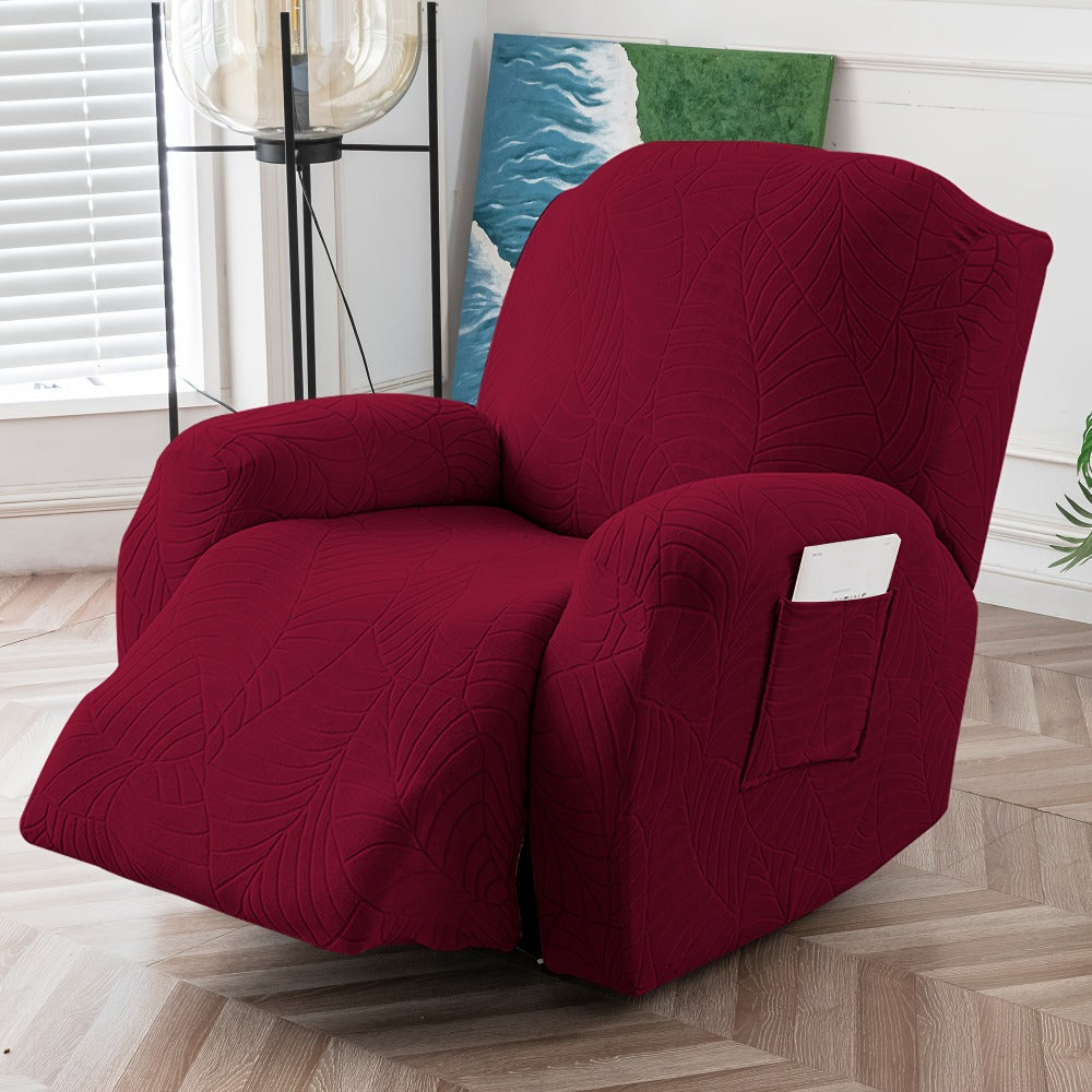 Four-Piece Recliner Chair Cover Set with Leaf Jacquard Pattern, Side Pocket and Six Color Options