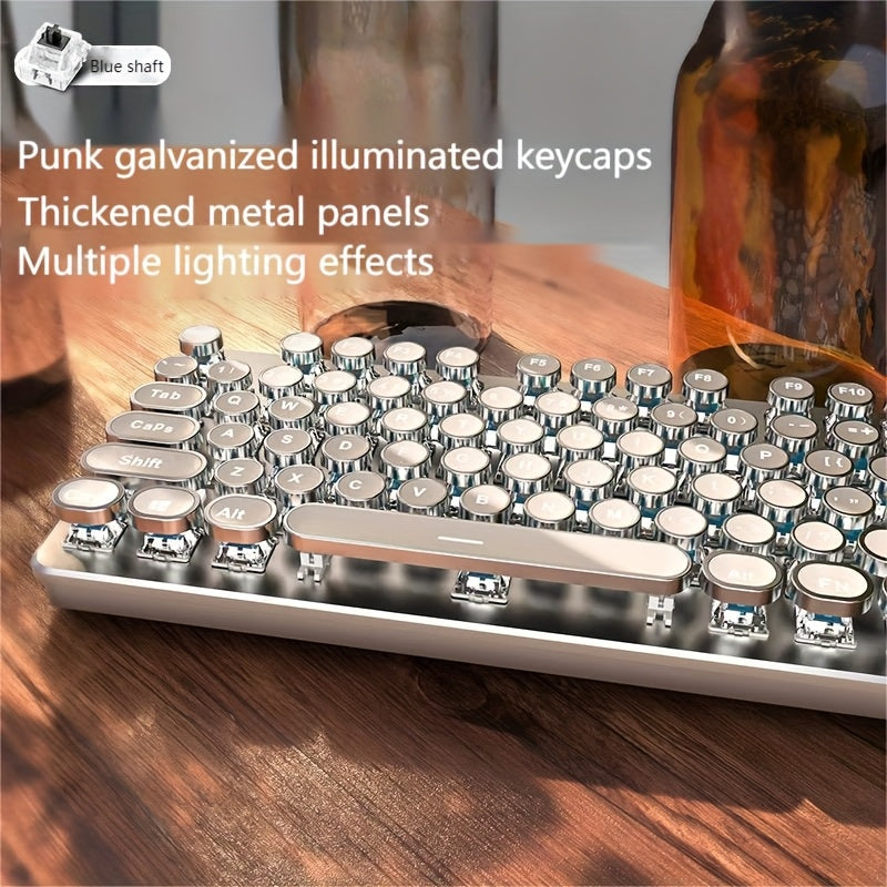 Mechanical Keyboard 104-Key Full-Size Wired USB Layout with Retro Round Keycaps, Backlighting and Control Knob