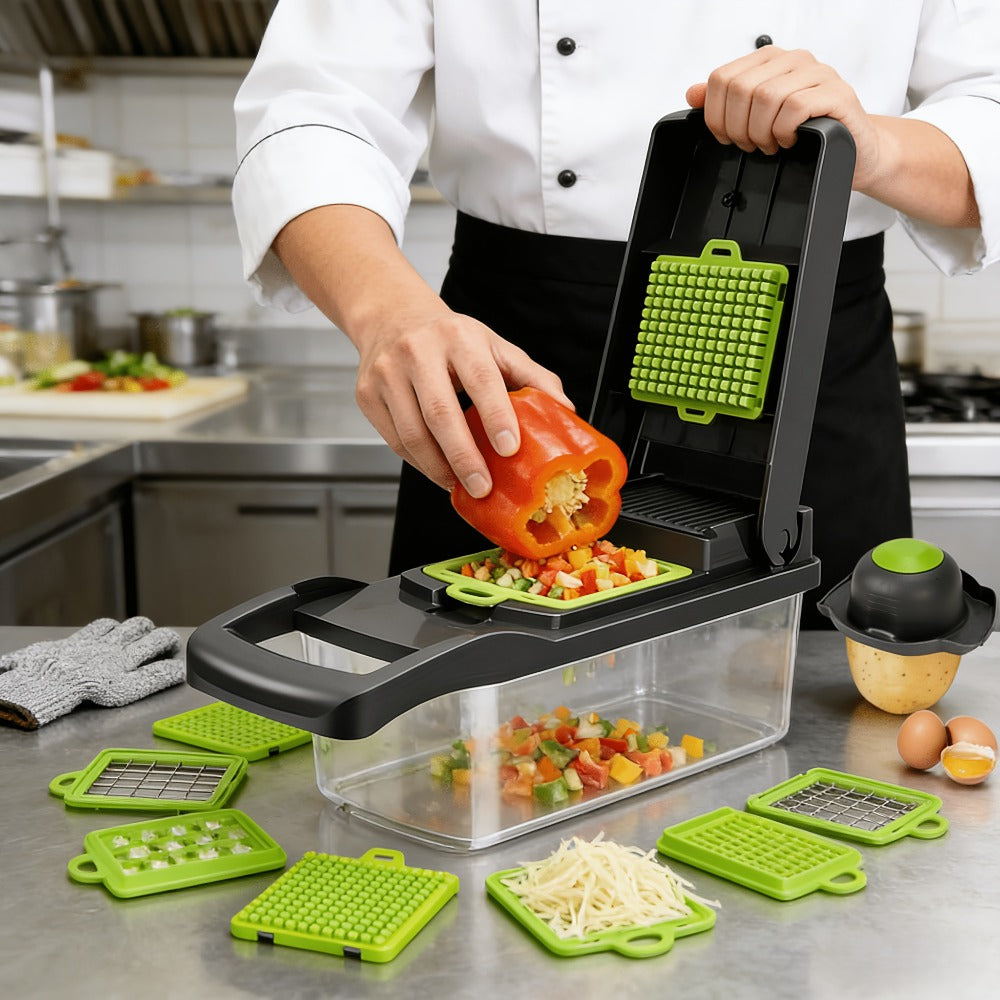 18-in-1 Vegetable Chopper and Mandoline Slicer with Clear Container, Eight Metal Blade Inserts and Hand Guard