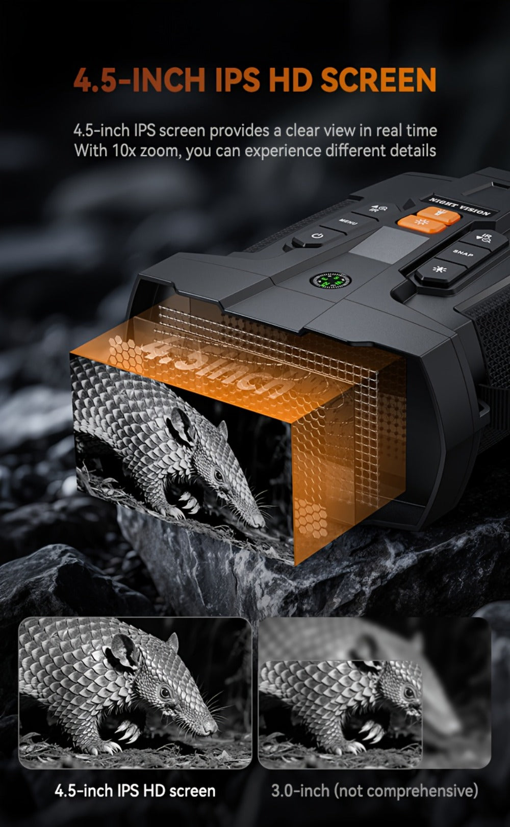 Black Digital Night Vision Binoculars with 4.5-Inch Screen, 10X Digital Zoom, Seven IR Levels and 5000mAh Battery