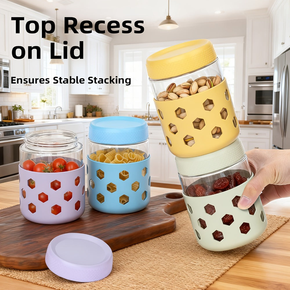 Glass Jar Food Storage Organizer Six-Pack with 16oz Screw-Top Jars and Optional Silicone Sleeves