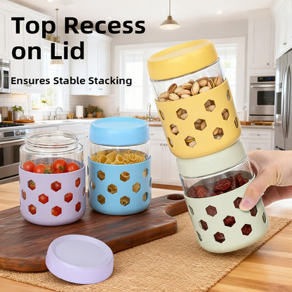 Glass Jar Food Storage Organizer Six-Pack with 16oz Screw-Top Jars and Optional Silicone Sleeves