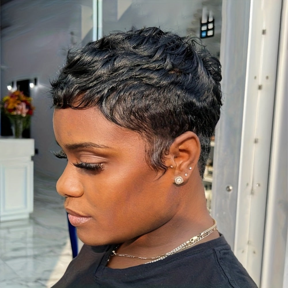 Brazilian Human Hair Pixie Cut Wig 150% Density Short Straight Machine Made Rose Net Cap Glueless Natural Black 4 Inch | Beginner Friendly Easy Wear Women