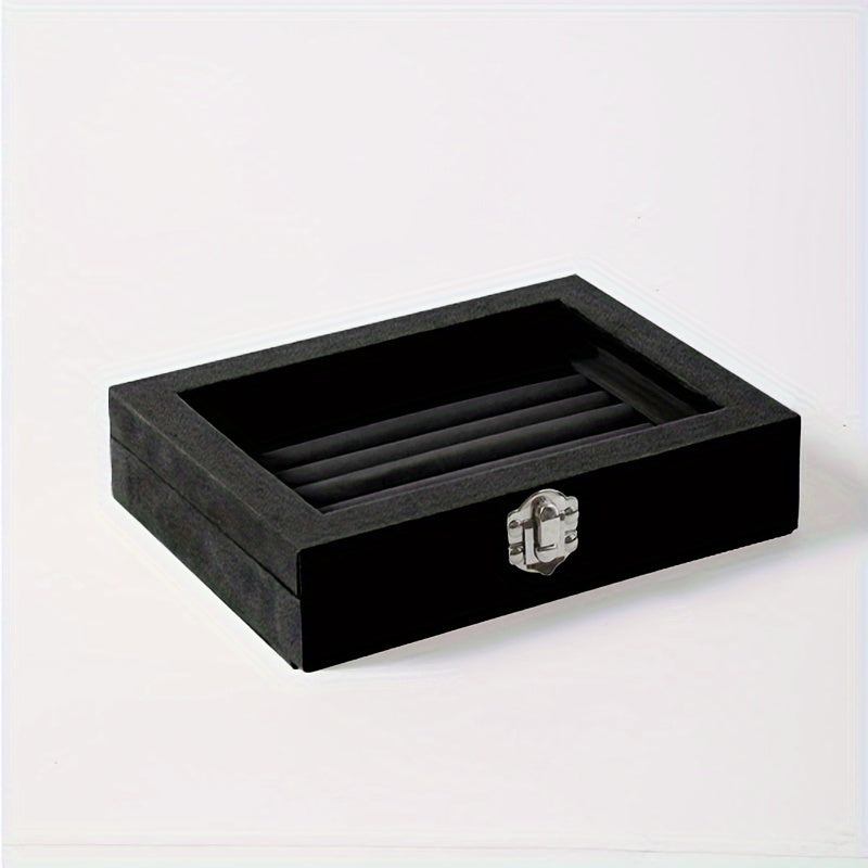 Jewelry Box with Locking Lid – 49-Ring Capacity Glass-Like Plastic Ring & Earring Organizer, Large Rectangular Storage Case, Waterproof Anti-Tarnish, 4 Colors, Holiday Gift