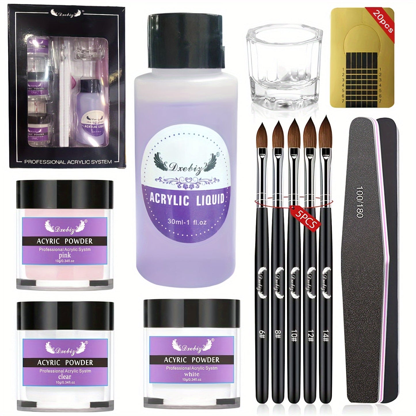Acrylic Nail Kit with 12 Glitter Colors, Clear Pink White Powders, Liquid Monomer, Tips and Application Tools