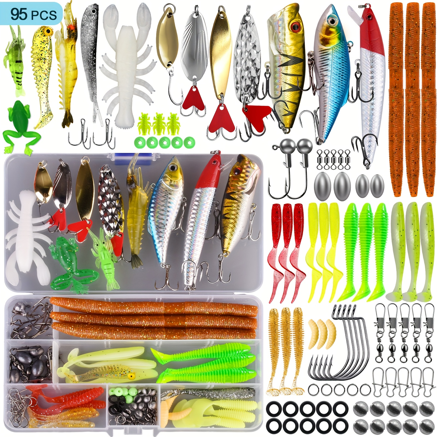 Fishing Lures Kit 66 / 95 / 189 Pcs – Complete Tackle Bait Set for Freshwater & Saltwater Bass Trout Fishing, Includes Spoons Spinners Soft Baits Hooks, Fishing Gear Gift for Men & Beginners