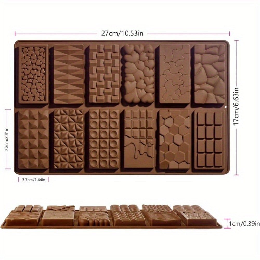 Three-Pack 12-Cavity Silicone Chocolate Bar Mold Set with Scraper for Candy, Wax Melts and Soap