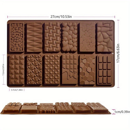 Three-Pack 12-Cavity Silicone Chocolate Bar Mold Set with Scraper for Candy, Wax Melts and Soap