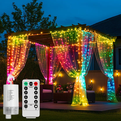 String Lights, 330-LED Waterfall Curtain Panel with Battery Power, Remote, Eight Modes and Three Colors