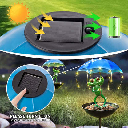 Solar Garden Decor Frog with Umbrella LED Light, Iron Frog Outdoor Statue with Solar Powered LED