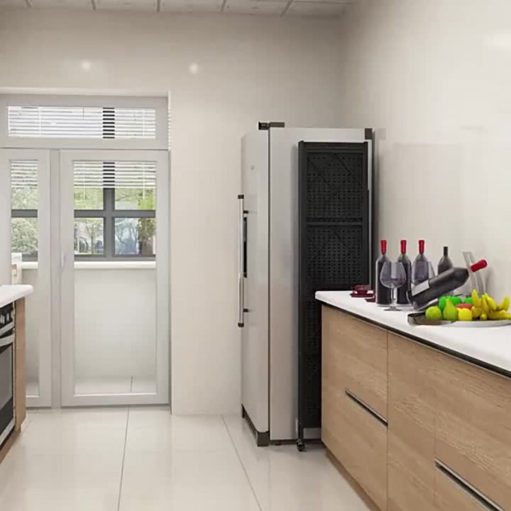 Three-to-Five-Tier Wheeled Storage Rack with Foldable Shelves and Black or White Configurations