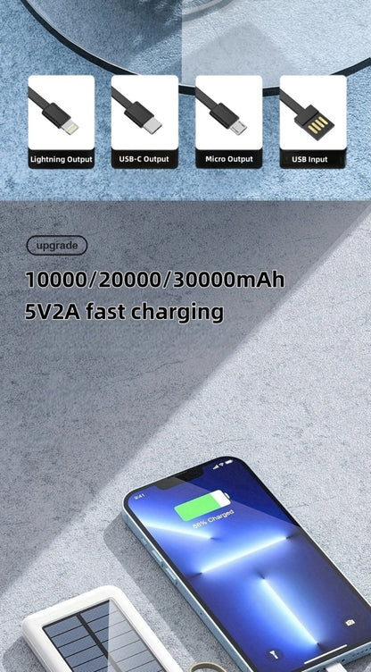 Solar Power Bank, 10000mAh to 30000mAh Charger with Built-In Cables, LED Light, Digital Display and 5W or 15W Options