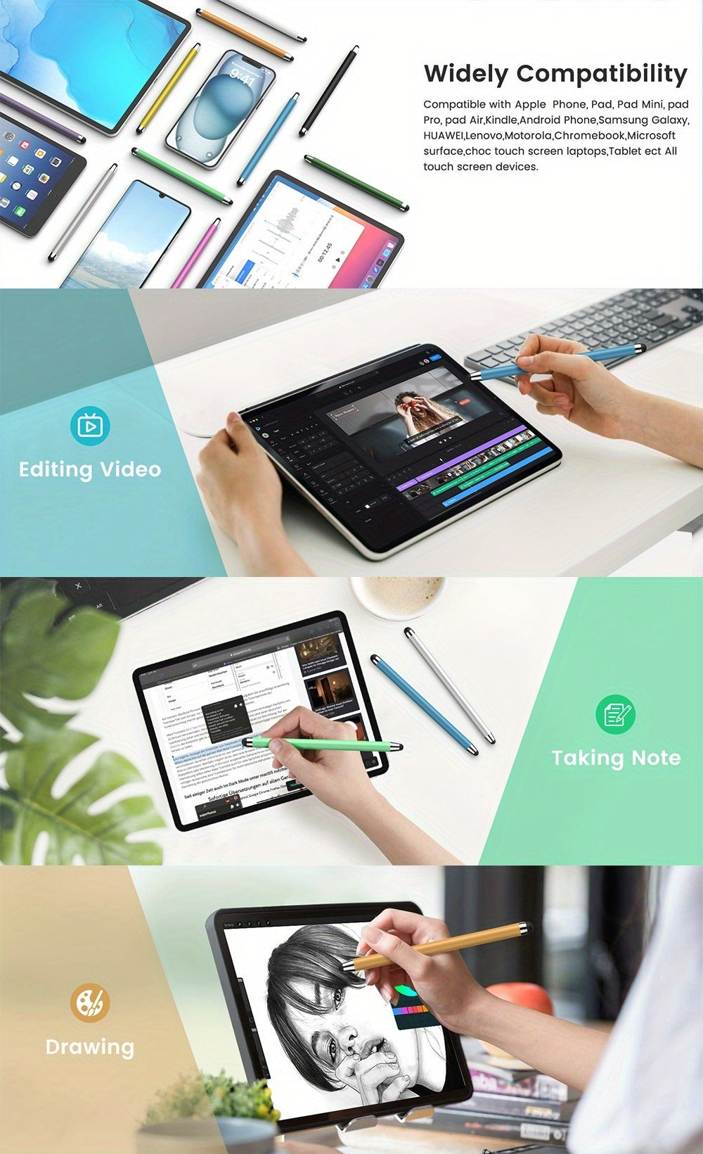 10-Piece Dual-Tip Stylus Pen Set for Capacitive Touchscreens in Three Color Assortments with Passive Design