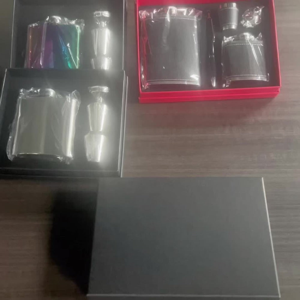 Black Gift-Box Flask Set with 8.1- and 3-Ounce Bottles, Cup, Filter and PU-Style Cover for Home and Everyday Use
