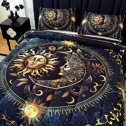 Sun Moon Planet Comforter Set 3pcs Digital Print Quilted Bedding 1 Comforter 2 Pillowcases 180GSM Soft Breathable Black Celestial Bedroom Decor Twin Full Queen King Size Dormitory