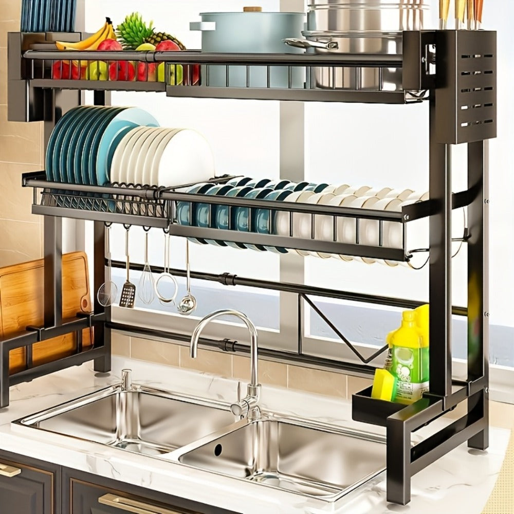 Over-Sink Dish Drying Rack Kitchen Organizer, 30-33.9-Inch Two-Tier Frame with Seven Removable Accessories
